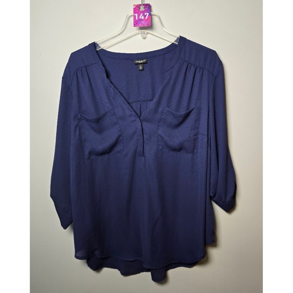 Torrid Womens Blouse Navy Harper Pullover Roll Tab Sleeve Pop Over Top Plus Sz 2